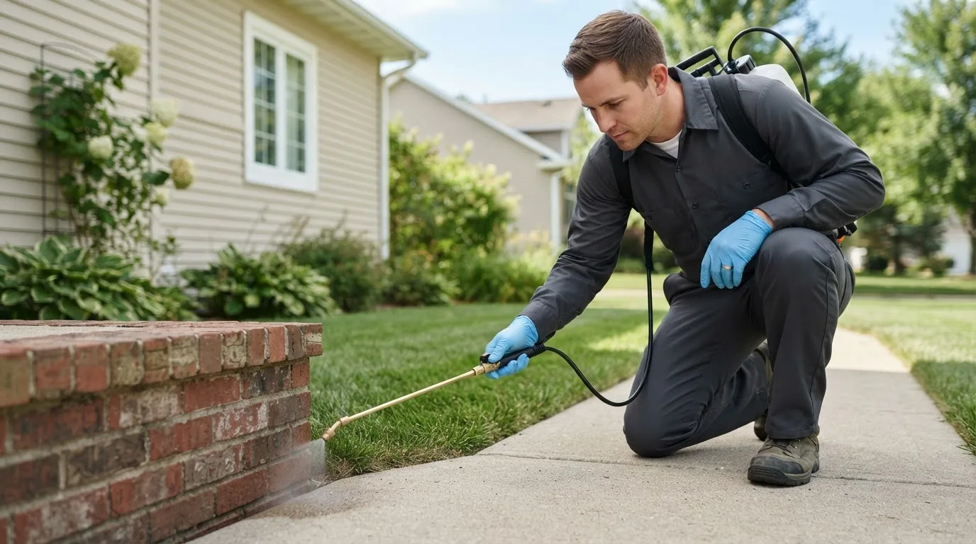 Pest control technician treating a home near Caledonia, WI